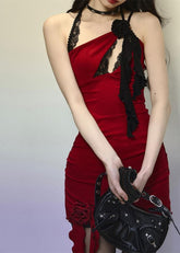 Rose Lace Halter Slim Dress